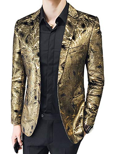 OUYE Men's Golden Black Floral Casual Sport Coat US S-Chest 36"(Asian XL)