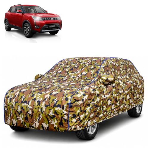 Image of Waterproof Car Body Cover for Mahindra XUV 300 with Mirror Pocket| Cotton Inner Lining | Triple Stitched | All Weather Protection | Dust, UV & Rain Proof (Camouflage with Blue Piping)
