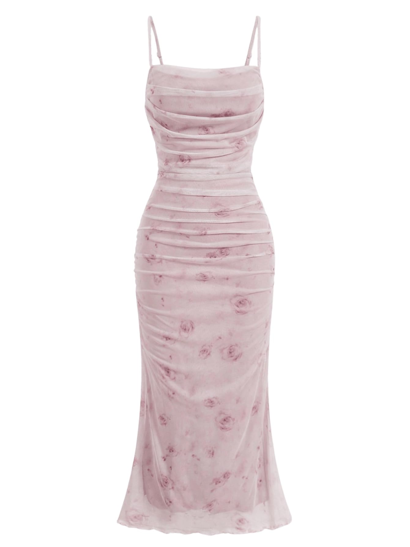 GORGLITTER Women's Floral Ruched Fishtail Dress Mesh Bodycon Vintage Cocktail Midi Cami Dress XS Pink