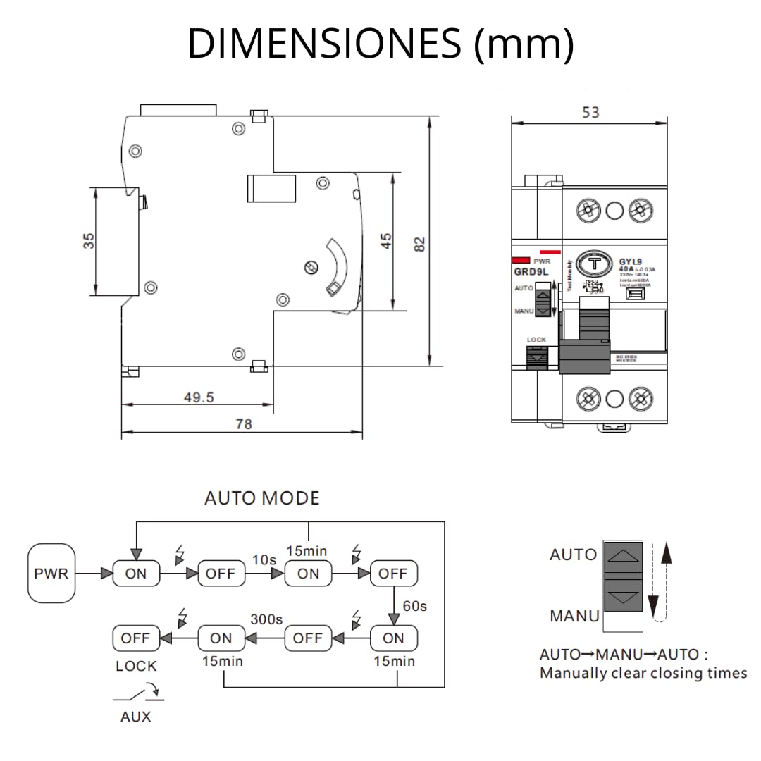 Interruptor Diferencial Auto Rearmable 2P 40A 30mA Clase AC - RCCB + cables | 3 intentos de rearme automático, rearme en 10 s, 60 s y 300 s e incluye cables de conexión, Ideal para segundas residencias