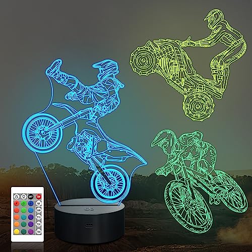 Image of Ammonite Dirt Bike Gifts, 3D Illusion Motocross Night Light for Kids (3 Patterns) with Remote Control & 16 Colors Changing & Dimmable Function, Creative Gift Idea