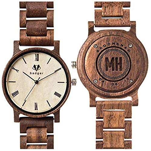 Swanky Badger Personalized Groomsman Gift Wooden Watch, Real Sandalwood Case, Real Sandalwood Links Strap, Japanese Quartz Movement, Customized Wood Watch, 41mm Diameter (Sandalwood Links)