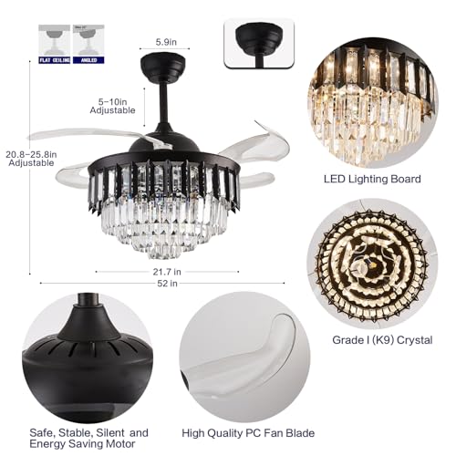 TRSIOPFC 52 Inch Dimmable Chandelier Ceiling Fans, Crystal Fandelier Ceiling Fan with Lights and Remote for Bedroom Living Room Dining Room-Polished Black by TRSIOPFC - Image 2