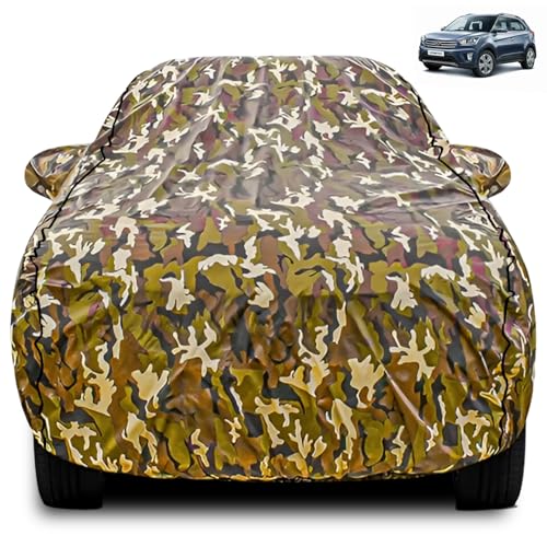 Image of FABTEC Car Body Cover for Hyundai Creta Jungle Print with Soft Cotton Lining Waterproof Car Cover UV & Rain Protection with Mirror Pocket Bottom Elastic (Military /Camouflage Pattern)