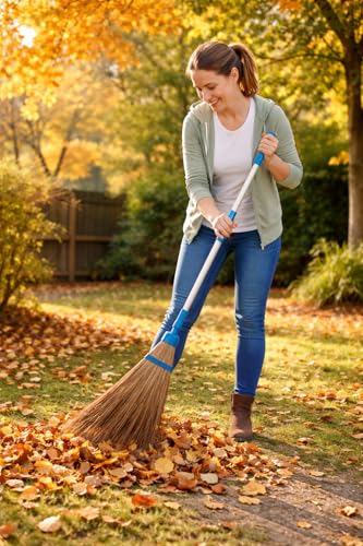 Image of HATAKI Garden Broom, Natural Coconut Stick Outdoor Broom with 4 ft Telescopic Length Adjustable Metal Handle, Leaf and Debri Removal Tool I for Lawn, Yard and Garden Cleaning