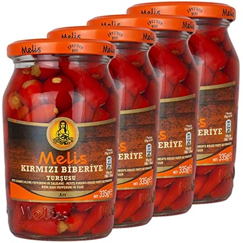 Melis - Kleine scharfe rote Peperoni eingelegt in Salz - Branntweinessiglake (scharf) - Türkische Delikatesse im 4er Set á 335 g Glas Cover