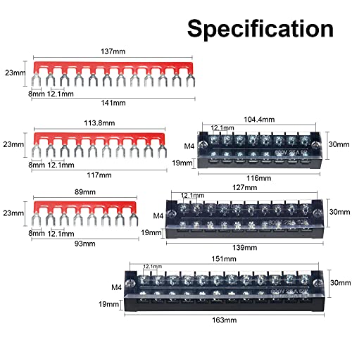 Image of Terminal Block and Strip - 6 Sets 8 /10 /12 Positions 600V 25A Dual Row Wire Screw Terminal Strip Block with Cover + 400V 25A Pre-Insulated Terminals Barrier Strips Jumpers (Black & Red)