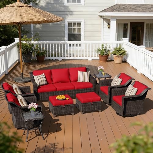 Image of 9 Piece Patio Furniture Set, Wicker Outdoor Conversation Set | Patio Chair Set with Olefin Removable Cushion, All-Weather Outdoor Couch with Deep Seat for Porch, Deck and Backyard, Red