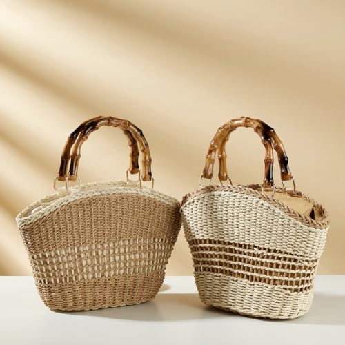 Bolsa Tote de Papel Tejido con Asa de Bambú para Mujer miniatura 2