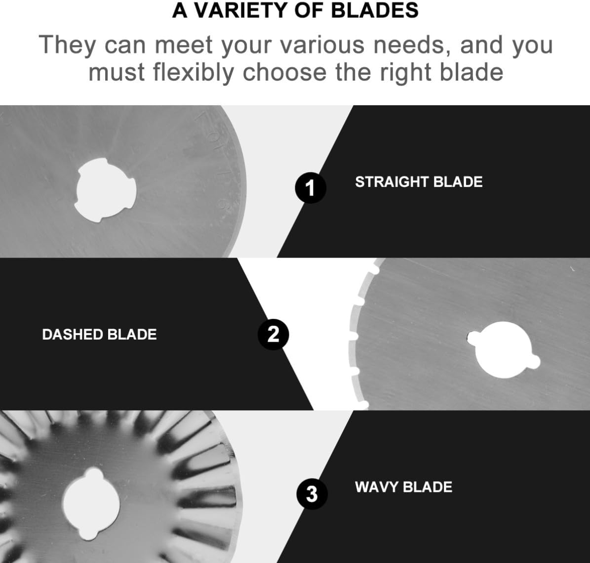 ULTECHNOVO Rotary Cutter Replacement Blades Set 1 Dashed with Storage Case 7 Pcs Steel Fabric Cutting Blades Includes 4 Straight 2 Wavy Style for Sewing Crafts and Home Use