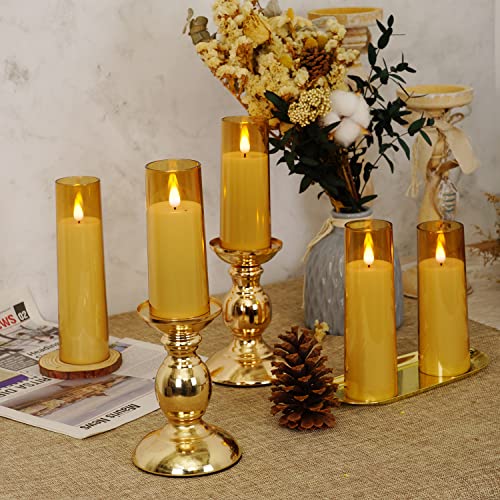 Image of Amagic Flickering Flameless Candles, Battery Operated Candles, Amber Gold Acrylic LED Pillar Candles with Remote and Timer, 3D Wick, Yellow and Blue Glow, D2.2 xH5 5 inch 6 inch 7 inch 8 inch, Set of 5