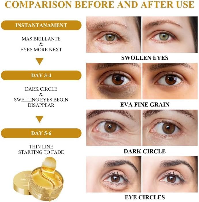 Quebers 24K Gold Under Eye Patches for Dark Circles & Puffiness Hydrogel 60 Pcs Eye Masks with Collagen & Snail Mucin for Wrinkle Reduction, Hydration, & Brightening (Pack of 1) 3