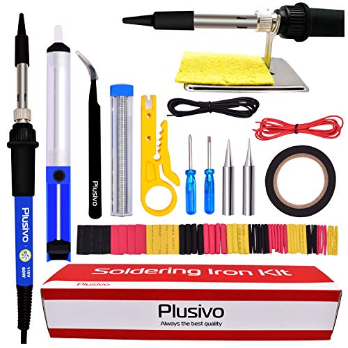 Soldering Iron Kit Electronics, Soldering Iron 60W Adjustable Temperature, Solder Wire, Wire Stripper, Desoldering Pump, Tweezers, Solder Tips, Mini Stand, Screwdrivers, Heatshrink Tubes from Plusivo