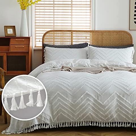 YEPINS 135 x 200 cm tufted bed linen set, white chevron, light microfibre tassel duvet cover, boho bed linen, 2-piece set, 1 duvet cover 135 x 200 cm with zip and 1 pillowcase 80 x 80 cm pillowcase Cover