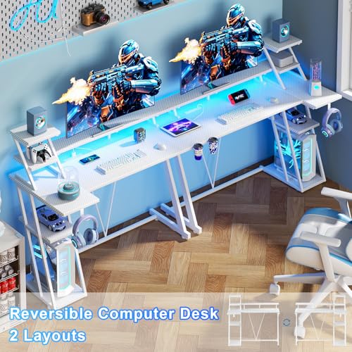 Image of Korfile 47 Inch White Gaming Desk with LED Lights & Power Outlet, L Shaped Gaming Table with Storage Shelves, Gamer Workstations with Monitor Stand for Bedroom