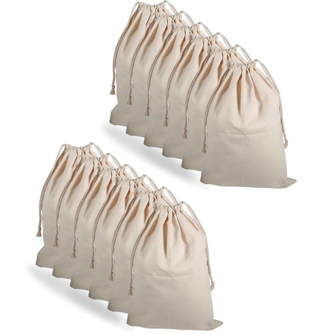 MAINDAIS Cotton Bag Double Drawstring Bags Muslin| Unbleached Organic Cotton | Sachet Bag,Jewelry Bag, Fridge Vegetable Storage Bag Multipurpose Use | Pack Of 12 (11x14 Inches) (Pack Of 12)