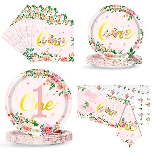 Partyzubehör zum 1. Geburtstag, Mädchen, ein Jahr, Geburtstag, Dekorationen, Einweggeschirr enthält Pappteller, Servietten, Tischdecke für Geburtstagsparty, Babyparty, für 25 Stück Cover