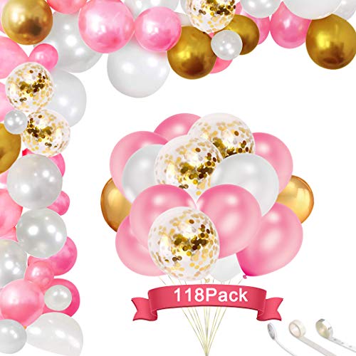 Happy Birthday Balloons, 118 Pieces of Party Balloon Arch Kit,100 Pcs 10 inch White and Pink Latex Balloons,10 Pcs 12 Inch Metallic Gold Balloons and 5 Pcs 12 Inch Confetti Balloons with Strip, Glue Dots and Ribbon for Brithday, Wedding, Graduation, Chirstmas Party
