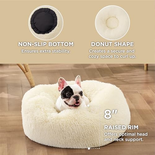 Image of Bedsure Calming Dog Bed for Small Medium Dogs - Donut Washable Medium Pet Bed, 27 inches Anti-Slip Round Fluffy Plush Faux Fur Cat Bed, Ivory Beige