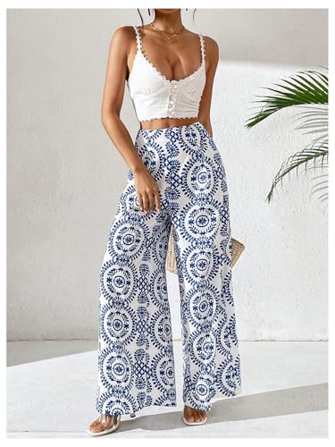 Floerns Women's Plant Straight Leg Pants Elastic High Waisted Summer Palazzo Trousers4