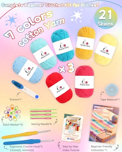 Image of Aeelike Crochet Blanket Kit for Beginners, Rainbow Gradient Granny Squares Blanket, 44PCS Complete Starter Crochet Kit w Beginner Friendly Instructions Easy Learn Videos Tutorials Enough Yarn