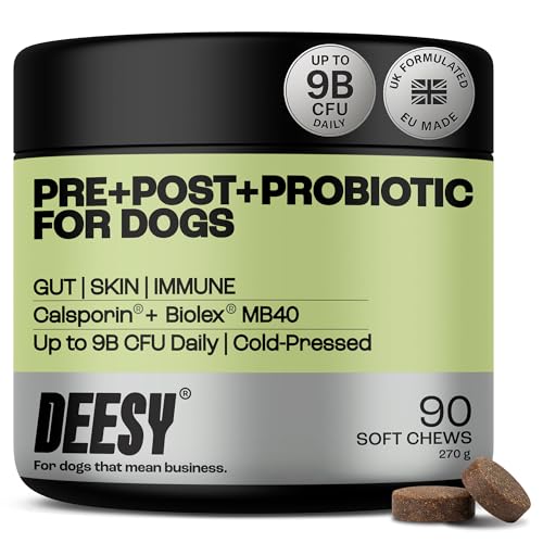 DEESY Probiotics for Dogs Clinically Dosed Calsporin Soft Chews | Pre + Pro + Postbiotic | Gut Skin & Immune Health | Itchy Skin Allergies & Sensitive Stomachs | Hydrolysed Formula | 90 Count