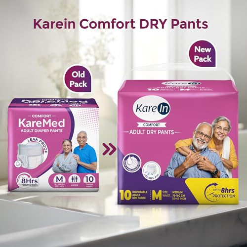 Image of KareIn Comfort Adult Diaper Pants, Medium 75-100 Cm (30 inch- 40 inch), Unisex, Leakproof, Elastic Waist, Wetness Indicator, Pack of 6, 60 Count