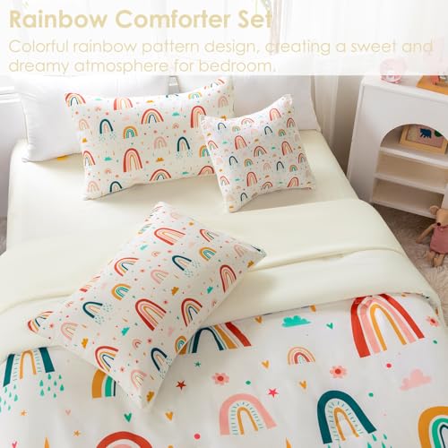 Image of Rainbow Comforter Set Queen Size 6 Pieces Beige Girls Bedding Set with Sheets Colorful Floral Clouds Print Bed in A Bag for Kids Teen Girl (Beige Rainbow, Queen)