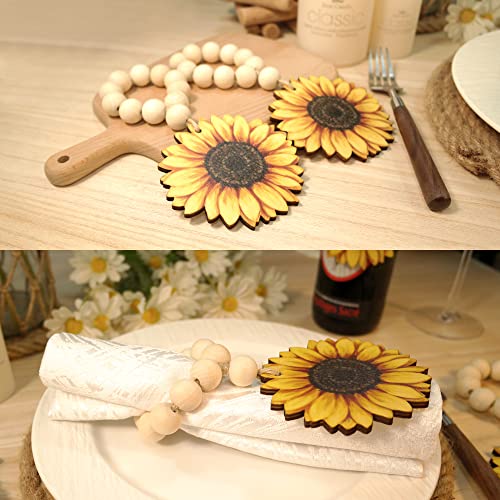Qnneff Sunflower Napkin Rings Set Of 6 Fall Napkin Rings Farmhouse Napkin Ring Holders Wood Beads Napkin Rings Spring Daisy Flower Napkin Rings Sunflower Weeding Birthday Party Dining Table Decoration #TOP3