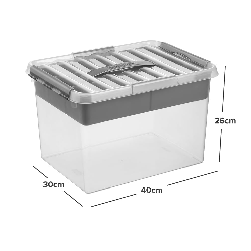 Sunware Q-line Scatola Plastica con Coperchio 22L – 40x30x26cm – Box Portaoggetti Impilabile con Inserto – Contenitore Plastica Trasparente