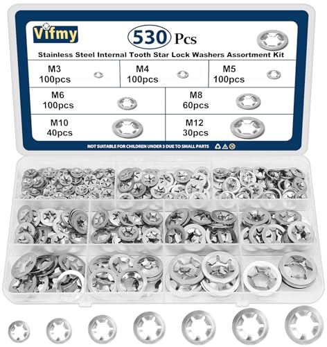Vifmy 530PCS Internal Tooth Star Lock Washer, 304 Stainless Steel Push Nuts Assortment, Metric M3 M4 M5 M6 M8 M10 M12 Quick Speed Locking Washers Assortment Kit, Starlock Washers for Unthreaded Shafts