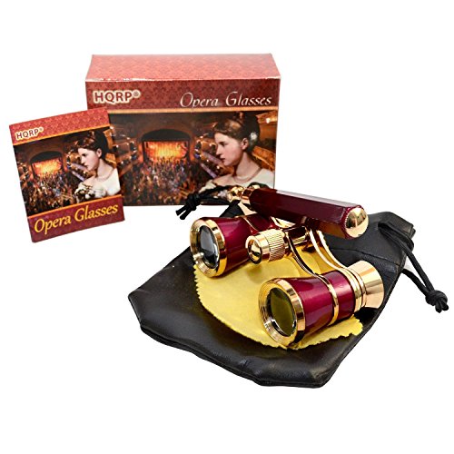 HQRP 3 x 25 Opera Glasses Theater Binoculars w/Crystal Clear Optic (CCO) & Built-in Extendable Handle, Burgundy with Gold Trim, for Adults Kids Women, in Musical Concert Sport Events, Gift Box