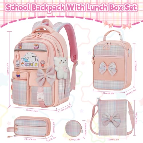 Girls Backpack with Lunch Box Set, 5pc Pink Cute Kawaii Bookbag for Teens, Aesthetic School Backpack for Elementary2