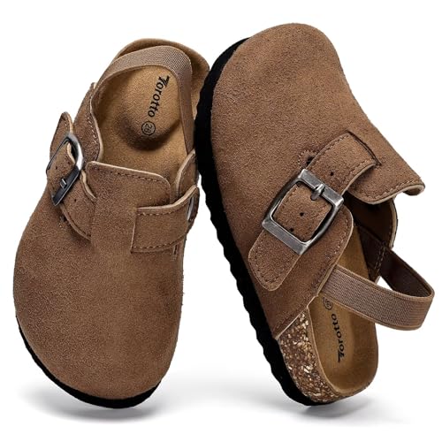 Image of Torotto Kids Suede Clogs Toddler Boys Girls Cork Footbed Clogs with Arch Support & Adjustable Straps for Indoor & Outdoor