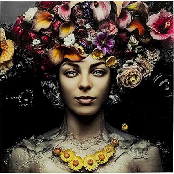 Kare Design Quadro Di Vetro Flower Art Lady, Multicolore, 80X80Cm