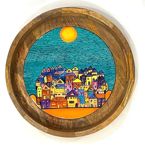 Image of Wooden Designer Round Serving Tray - 12 Inch | Premium Mango Wood Decorative | Eco-Friendly Non-Toxic Multipurpose Serving Tray for Tea, Coffee, Snacks, Kitchen & Gifting(Teal Blue FC)