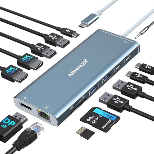 Image of USB C Hub USB-C Docking Station Dual Monitor 14 in 1 Triple Display Multiport Adapter with 2 HDMI+DP+7 USB Type C /A Ports+Ethernet+Audio, USBC Dongle for Dell /HP /Lenovo ThinkPad /Surface(Blue)