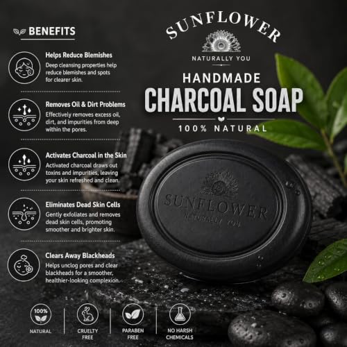 Image of Sunflower Natural Charcoal Bath Soap Made with Natural Ingredients To Deeply Cleanse,Detoxify and Nourish Your skin - All skin types. 90 grams