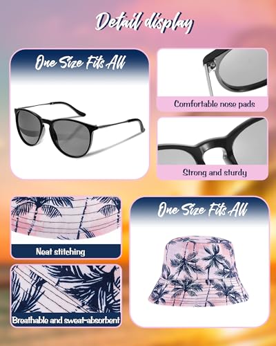 4 Pcs Men's Hawaiian Outfit Shirt and Short Set Summer Coconut Tree Tracksuit Drawstring Short Bucket Hat Sunglasses4