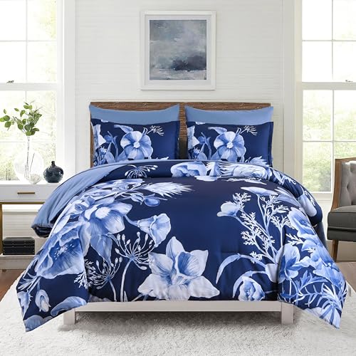 Luxudecor Floral Comforter Set Full Size 7 Piece, Navy Blue Flower Bed in a Bag, Elegant Floral Comforter with Sheet Set, Soft Microfiber Bedding Set for All Season (Navy Blue, 80"x90")