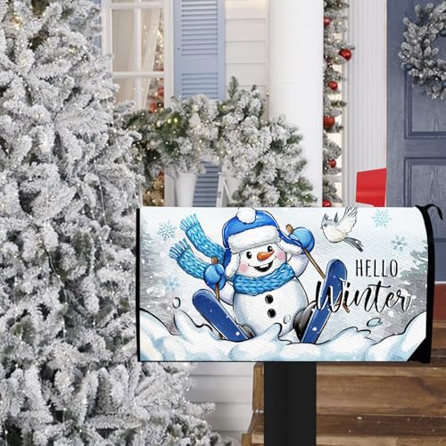 Image of Hello Winter Skiing Snowman Mailbox Cover Magnetic Standard Size