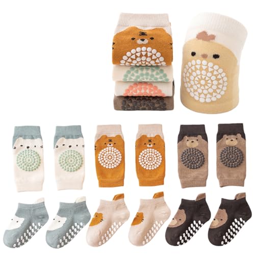 Feidoog Baby Crawling Anti-Slip Elastic 3 Pairs Knee Pads and 3 Pairs Socks Set,Toddler Knee Protector for Baby Kids Kneepads