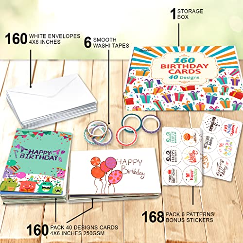 Feela Birthday Cards, 160 Pack 40 Designs Happy Birthday Card Assorted Bulk With 160 Blank Envelopes 168 Pieces Of Stickers 6 Washi Tapes, 4 X 6 Inches Greeting Cards For Girls Family Friends #TOP2