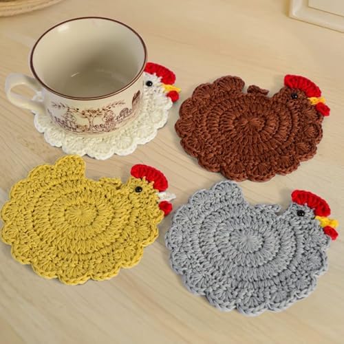 Handmade Crochet Chicken Coasters Set of 4, Mom, Stuffed Animal-T...