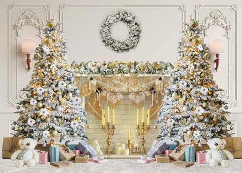 Toile de fond blanche pour photographie de Noël, cheminée, sapins de Noël, cadeaux d'intérieur classiques, décoration de fête pour enfants, fêtes de famille, accessoires de photomaton (208,3 x 150 cm)