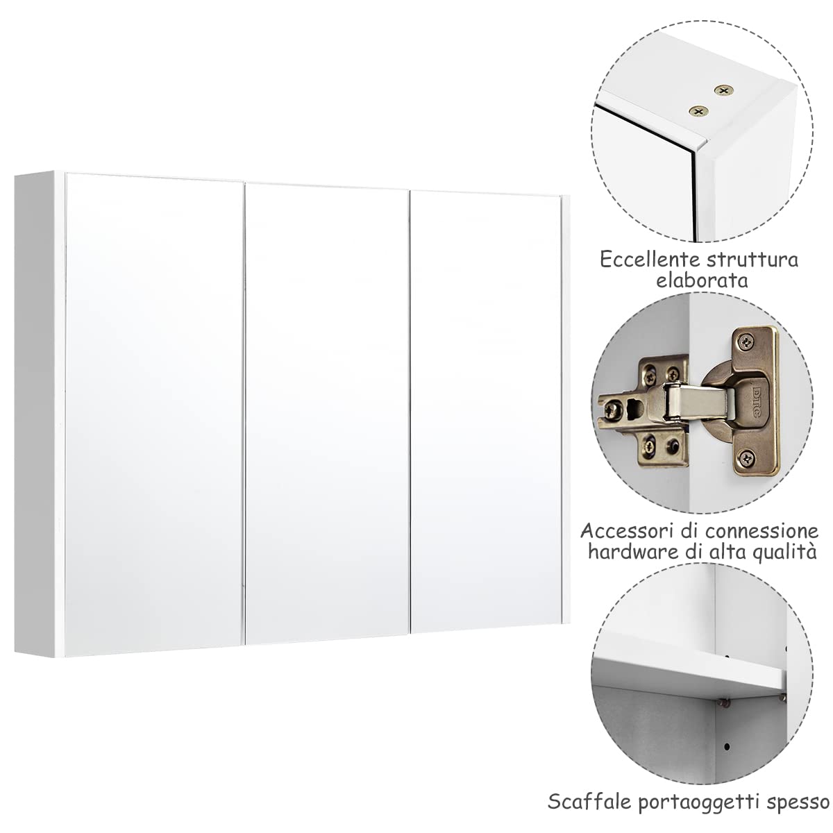 COSTWAY Armadietto Specchio Bagno con 3 Ante, 90 x 65 x 11 cm, Specchiera Bagno a Parete con Mensole Regolabili, Specchiera con Contenitore Salvaspazio per Ingresso e Soggiorno