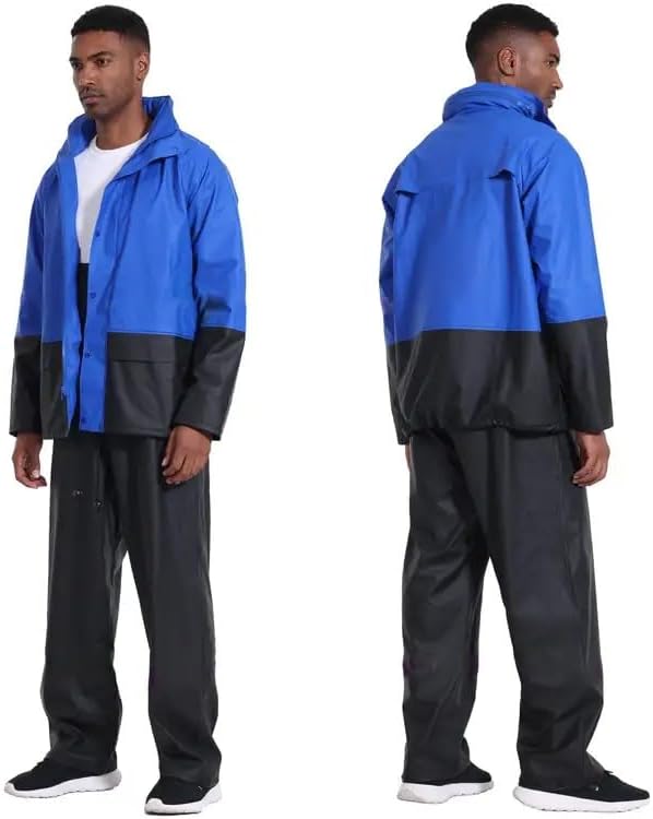 Men's Waterproof Rain Suit - Rain Jacket & Rain Dungarees with Removable Hood, Robust PU Workwear for Construction, Industry, Fishing | Regenjacke & Regenlatzhose mit Abnehmbarer Kapuze, Robuste PU-Arbeitskleidung für Bau, Industrie, Angeln L Royal Blue/Jet Black