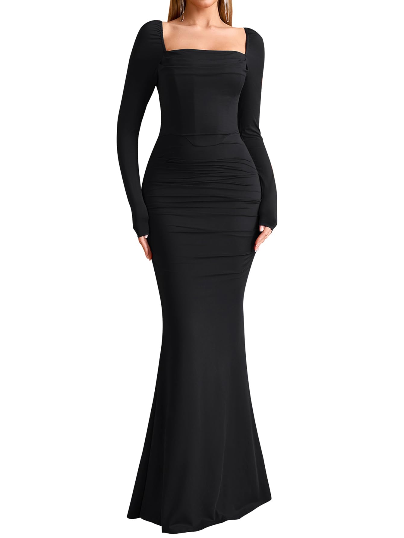 EYNMIN Corset Maxi Dress Long Sleeve Square Neck Ruched Bodycon Elegant Formal Wedding Guest Dresses for Women 2025