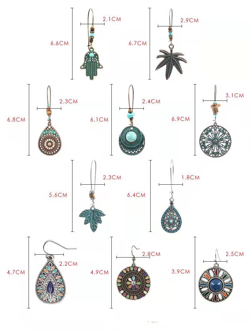 10 paires Boucles d'oreilles Bohème Vintage Boho Boucles d'Oreilles Style national Déclaration perlée de feuille de pétale de goutte d'eau pour Femmes Filles