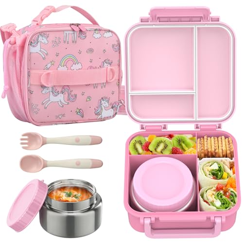 JOOPETALK Bento Lunch Box Set for Kids with 9oz Soup Thermo, Insulated Lunch Bag,Leak-proof BPA-free Lunch Food Container with 3-4 Conpartments for School Travel-Pink by JOOPETALK - Used condition - US$33.49
